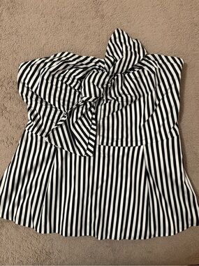 New York & Company Black and White Striped Strapless Peplum Top with Bow